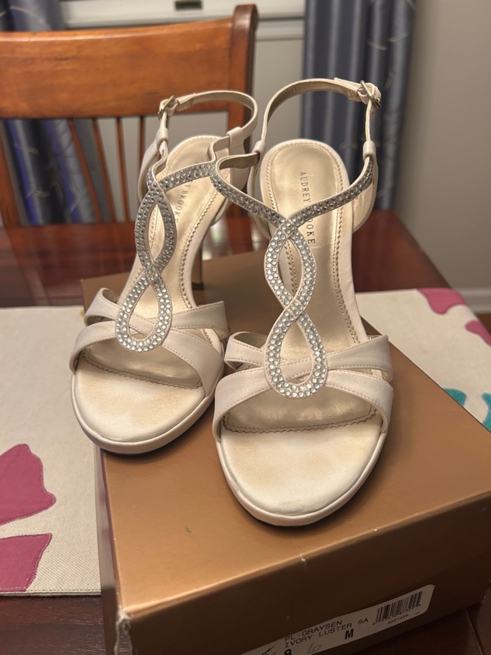 Audrey Brooke Ivory Crystal T-Strap Dress Heels